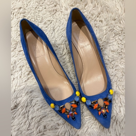 J Crew COLLECTION Dulci Suede Kitten Heels Women’s Size 8 Jeweled Blue Italy - Picture 12 of 16